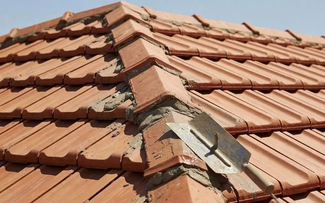 Fresh mortar being pointed along ridge capping